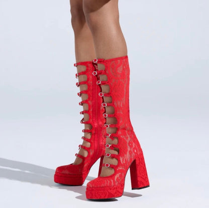 AZALEA WANG Cherry Red Lace Knee-High Platform Boots