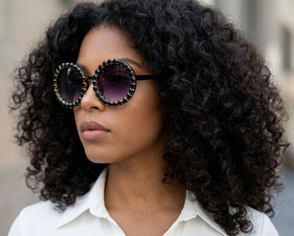 1 Black Oversized Crystal Embellished Round Frame Fashion Sunglasses