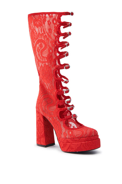 AZALEA WANG Cherry Red Lace Knee-High Platform Boots