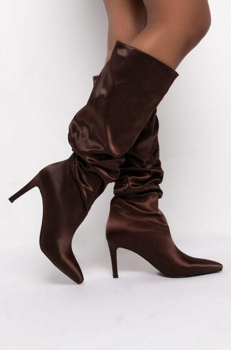 AZALEA WANG Chocolate Brown Nylon Slouchy Knee High Stiletto Boots