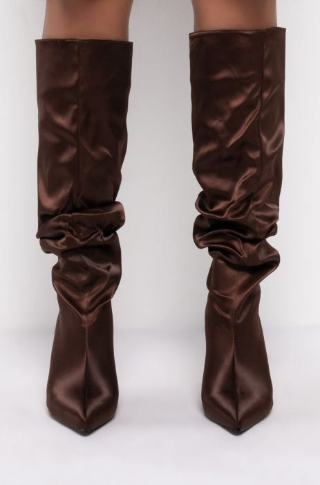 AZALEA WANG Chocolate Brown Nylon Slouchy Knee High Stiletto Boots