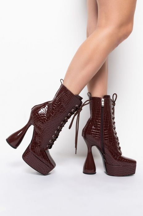 Azalea Wang Chocolate Brown Croc Patent Leather Platform Boot