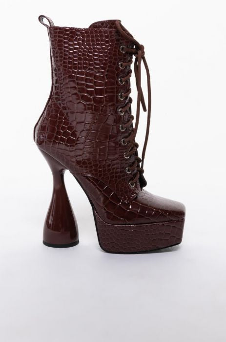 Azalea Wang Chocolate Brown Croc Patent Leather Platform Boot