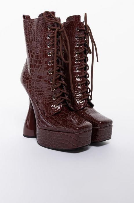 Azalea Wang Chocolate Brown Croc Patent Leather Platform Boot