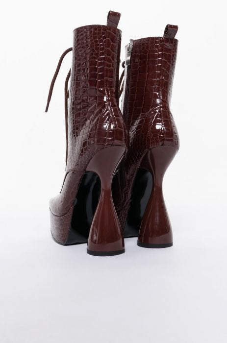 Azalea Wang Chocolate Brown Croc Patent Leather Platform Boot