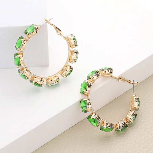 4 Gold & Green Oval Stone Cluster Hoop Evening Earrings