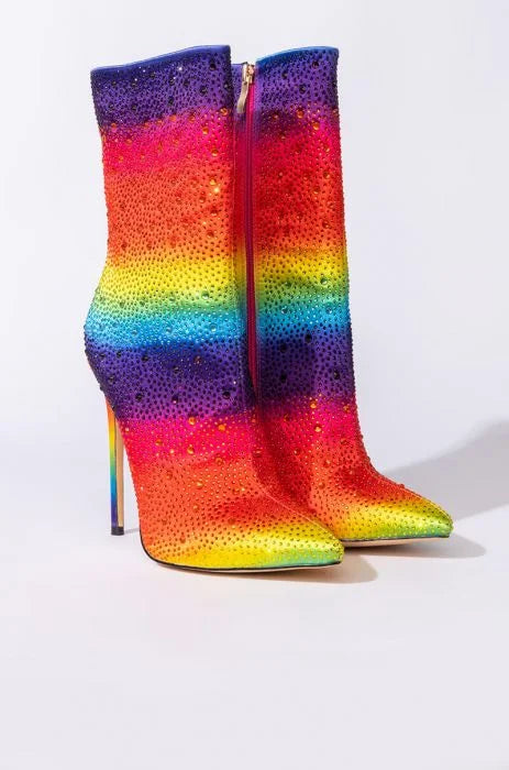 Azalea Wang Rhinestone Rainbow Embellished High Heel Boots