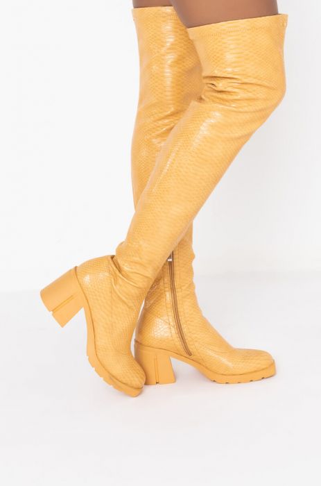 Azalea Wang Vegan Yellow Croc Embossed Leather Thigh High Boots