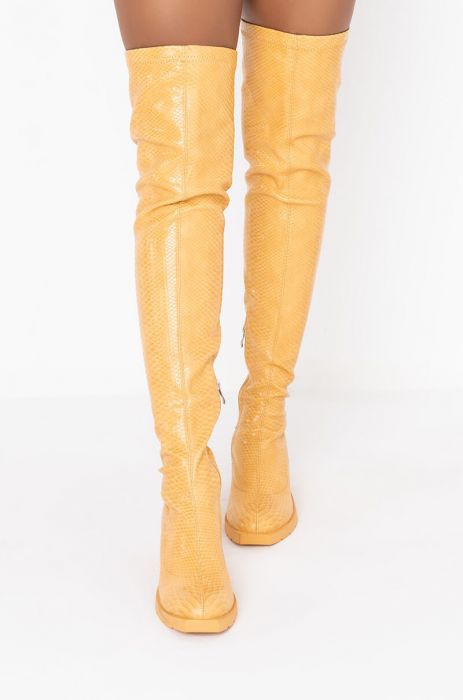 Azalea Wang Vegan Yellow Croc Embossed Leather Thigh High Boots