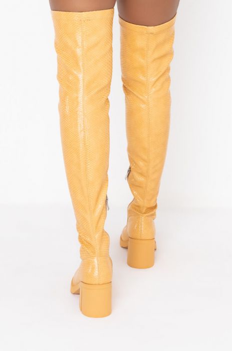 Azalea Wang Vegan Yellow Croc Embossed Leather Thigh High Boots