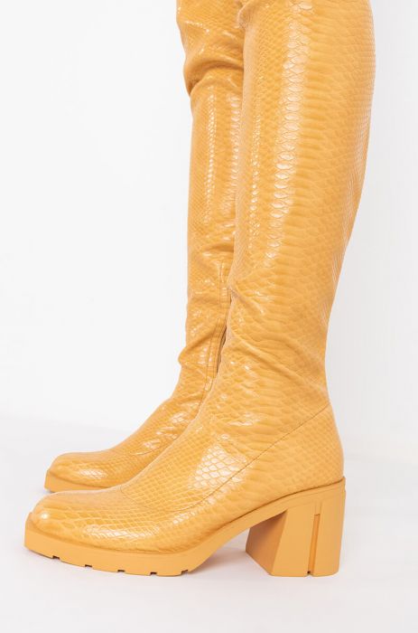 Azalea Wang Vegan Yellow Croc Embossed Leather Thigh High Boots