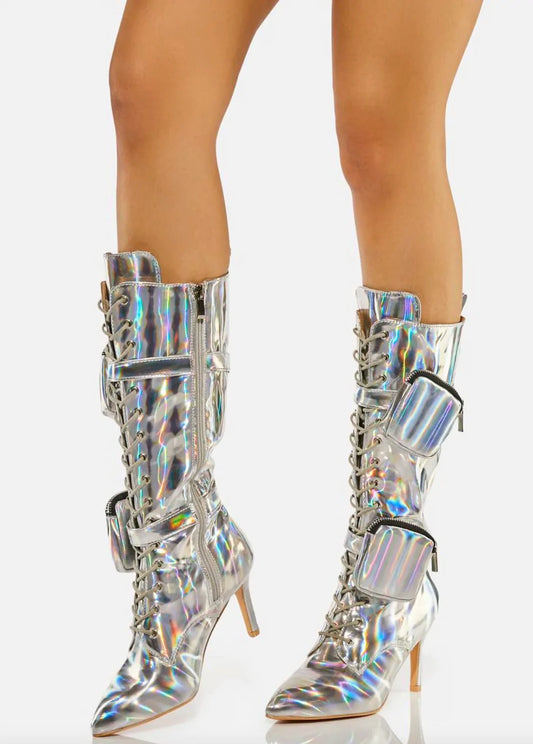 Dolls Kill From The Future Silver High Heeled Boots