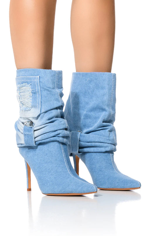 AZALEA WANG Distressed Denim Blue Embellished Slouchy Boots