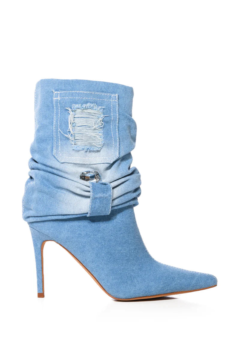 AZALEA WANG Distressed Denim Blue Embellished Slouchy Boots