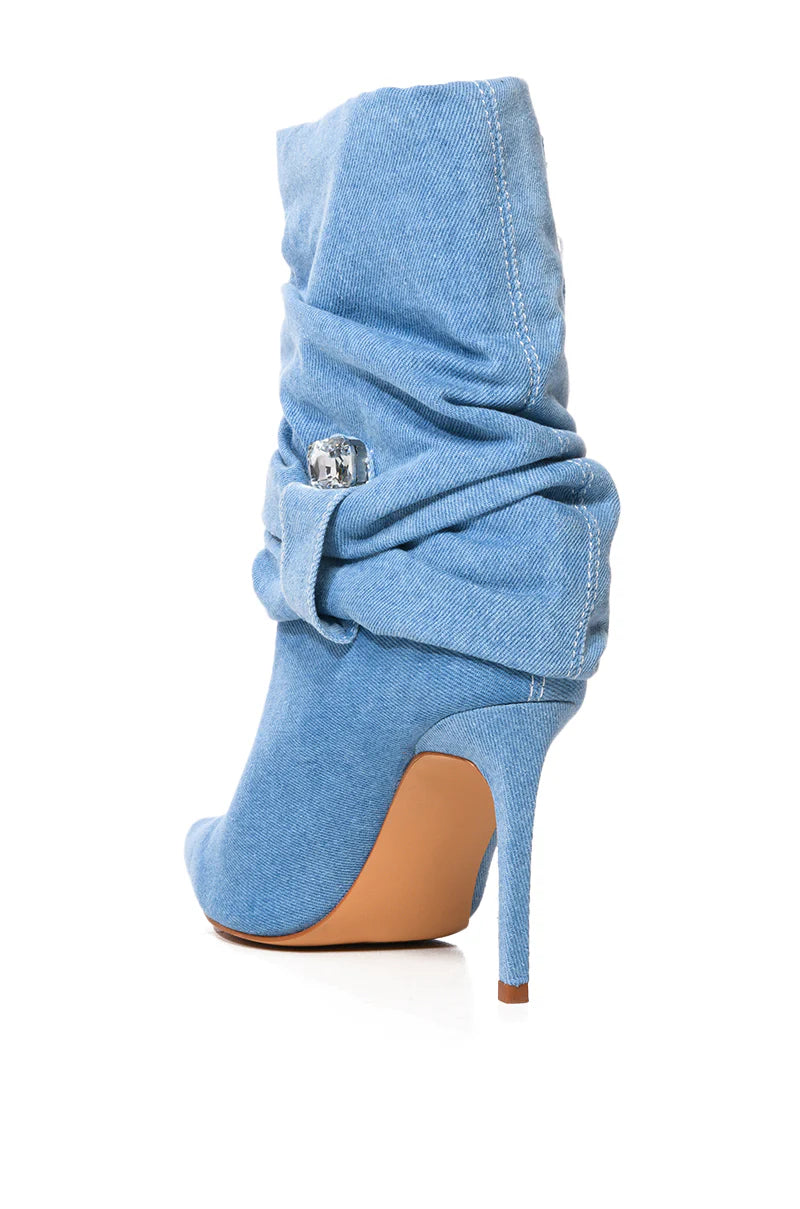 AZALEA WANG Distressed Denim Blue Embellished Slouchy Boots