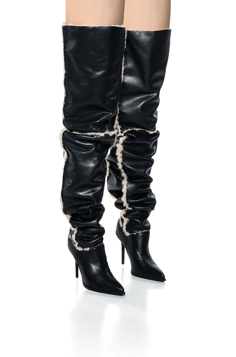 AZALEA WANG Black Leather Faux Fur Lined Thigh High Boot