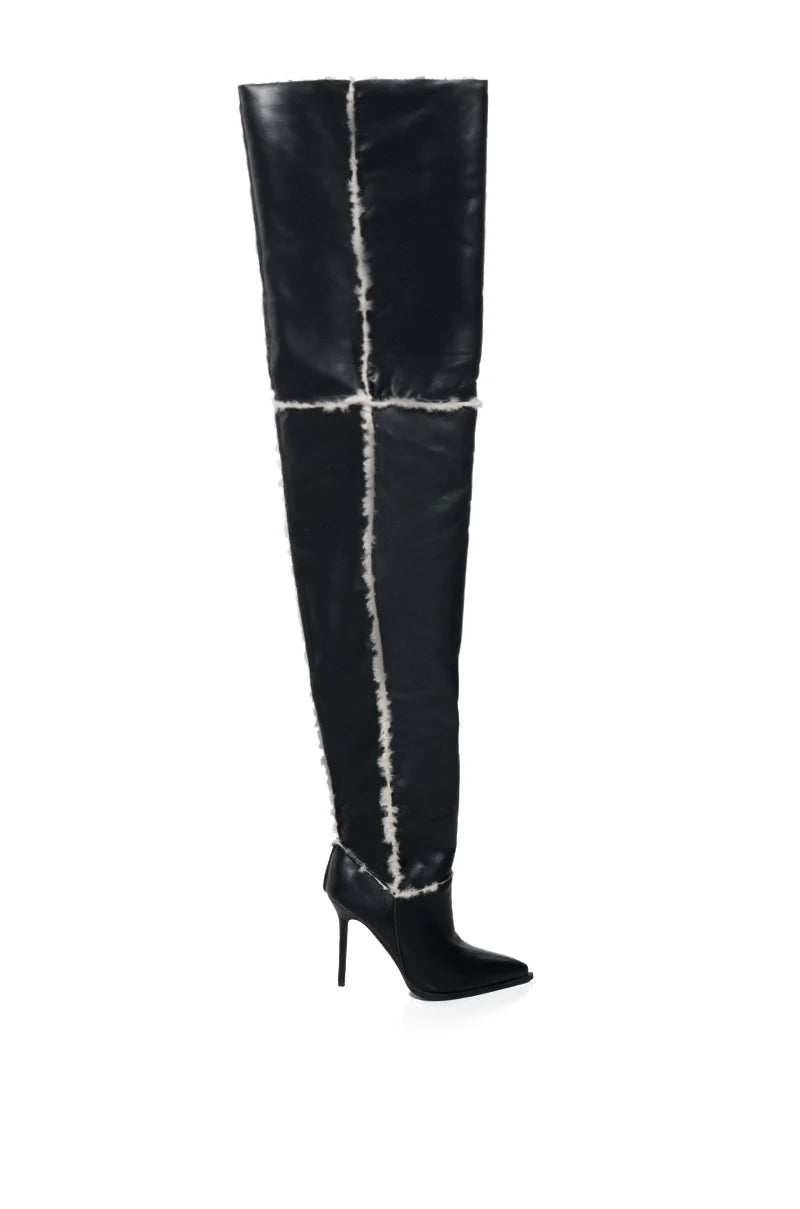 AZALEA WANG Black Leather Faux Fur Lined Thigh High Boot