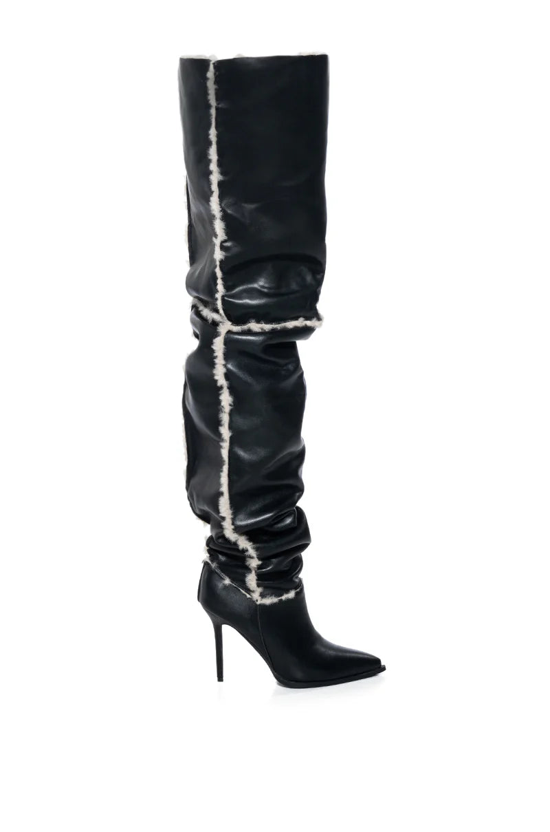 AZALEA WANG Black Leather Faux Fur Lined Thigh High Boot