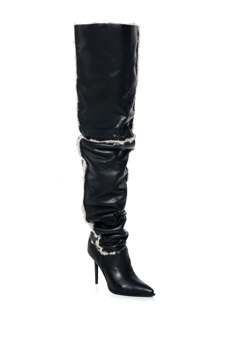 AZALEA WANG Black Leather Faux Fur Lined Thigh High Boot