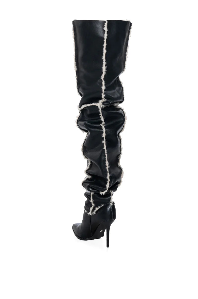 AZALEA WANG Black Leather Faux Fur Lined Thigh High Boot