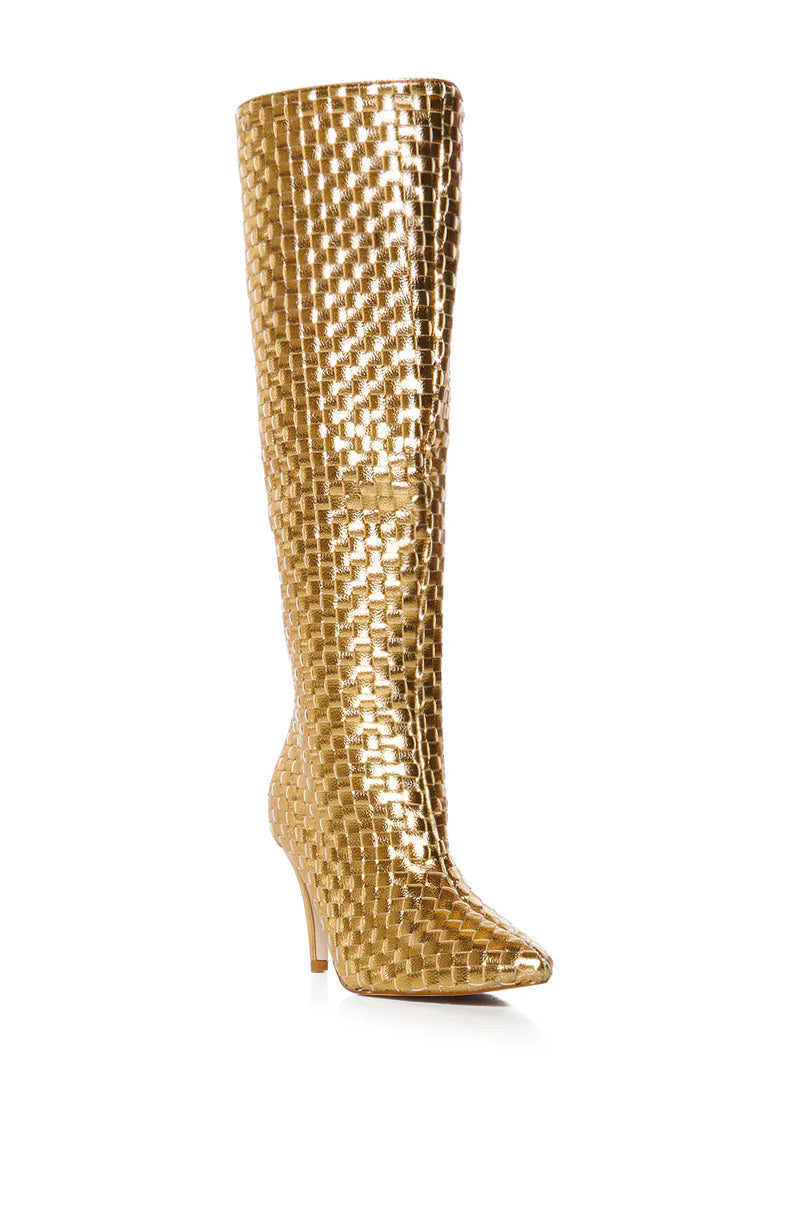 Azalea Wang Metallic Gold Woven Leather Knee High Boots