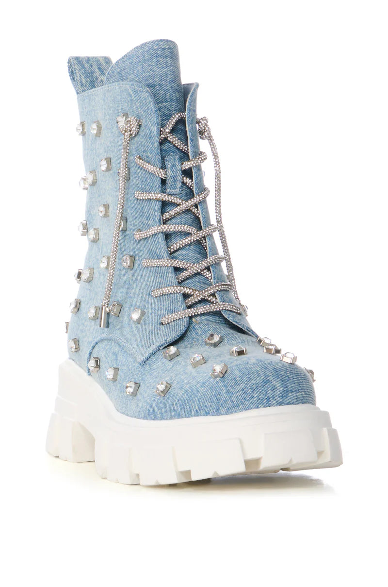 Azalea Wang Blue Denim Rhinestone Combat Boots