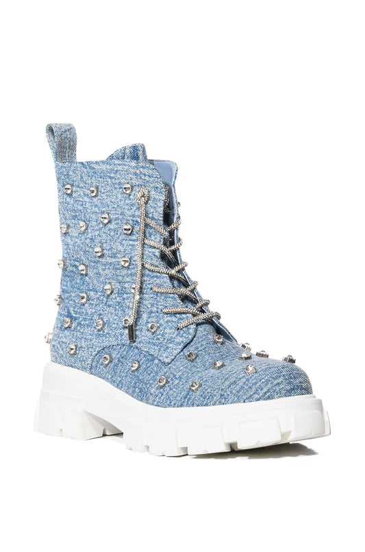 Azalea Wang Blue Denim Rhinestone Combat Boots