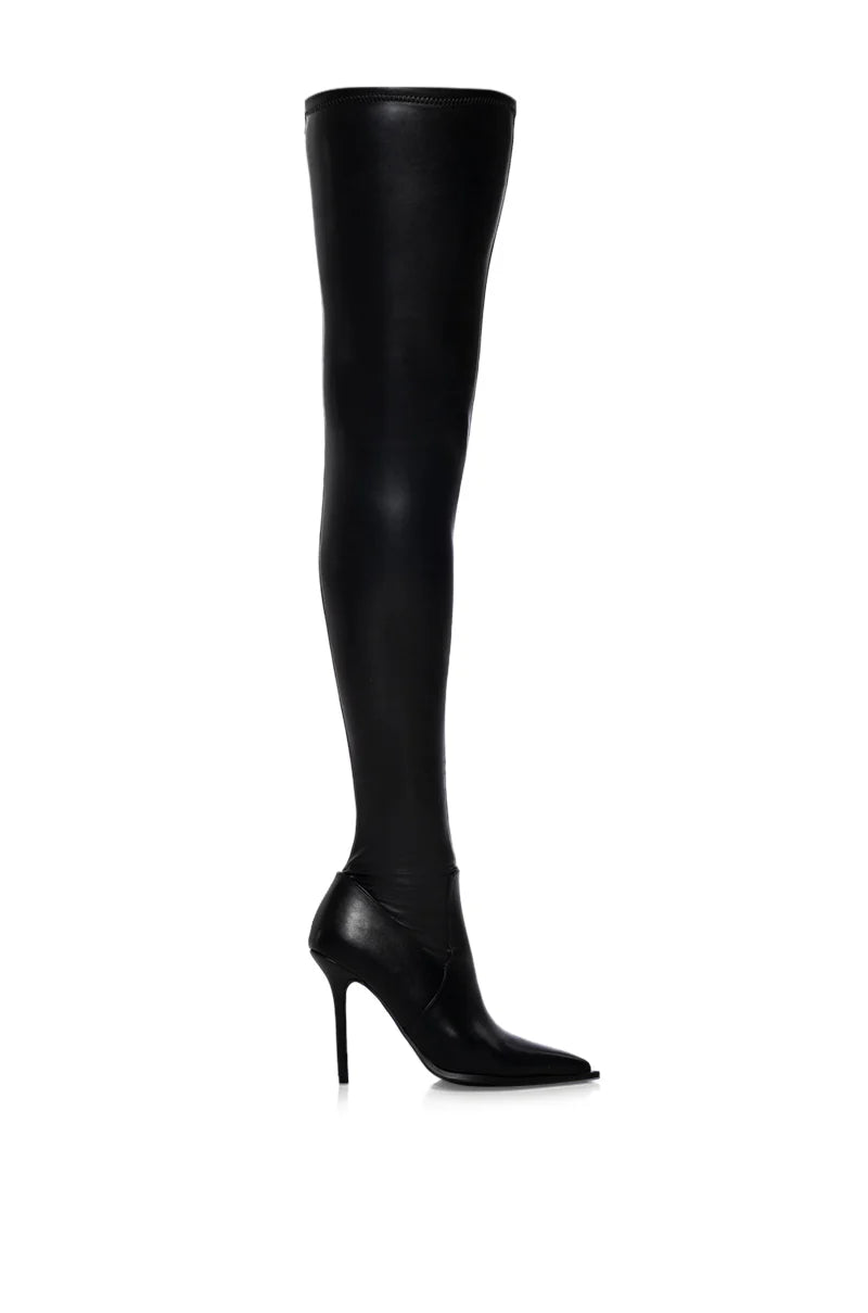 Azalea Wang Black Vegan Leather 4 Way Stretch Thigh High Boots