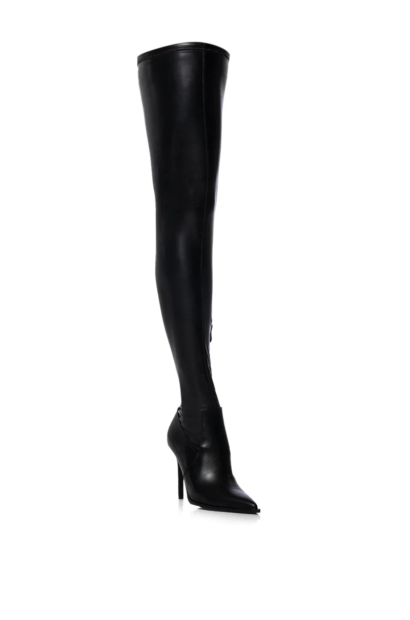 Azalea Wang Black Vegan Leather 4 Way Stretch Thigh High Boots