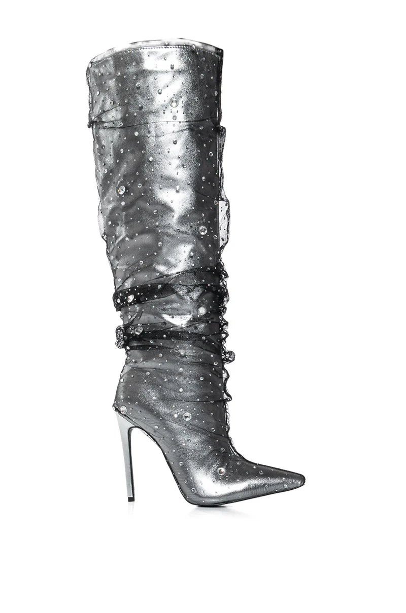 AZALEA WANG Silver Metallic Gemstone Embellished Stiletto High Heel Boots