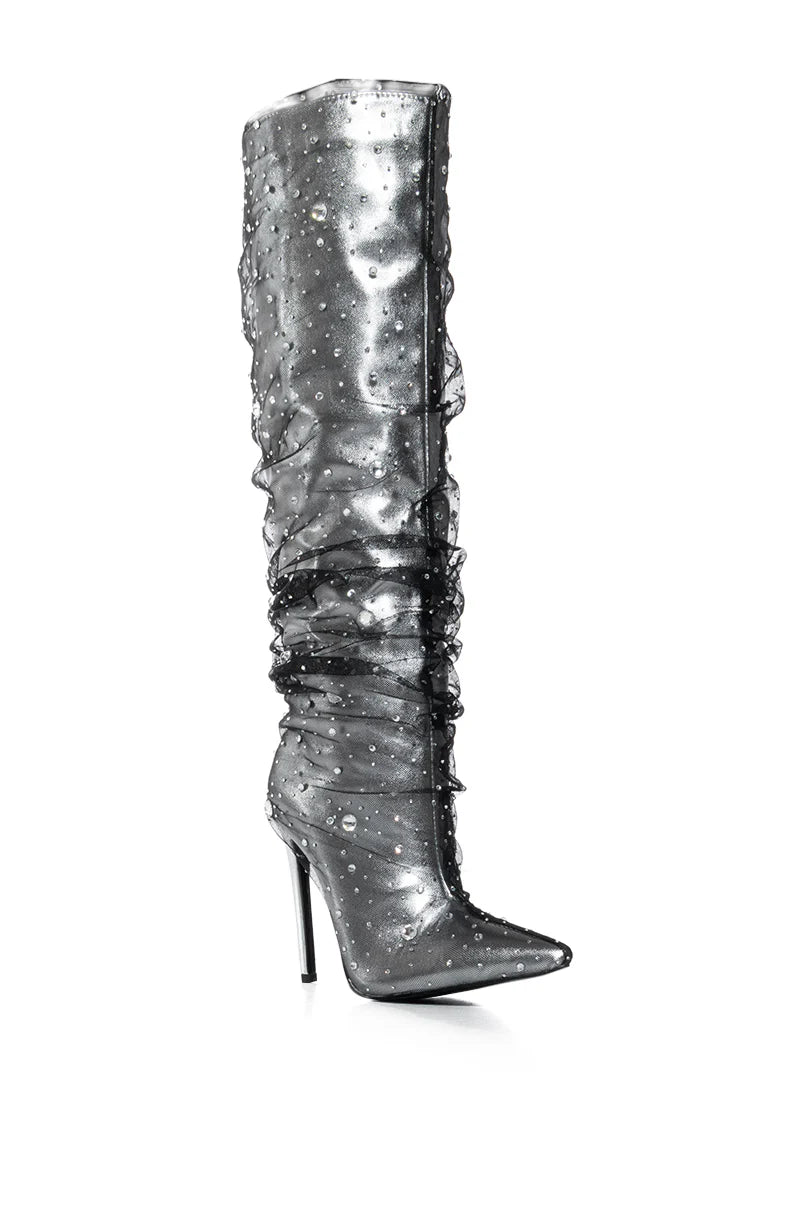 AZALEA WANG Silver Metallic Gemstone Embellished Stiletto High Heel Boots