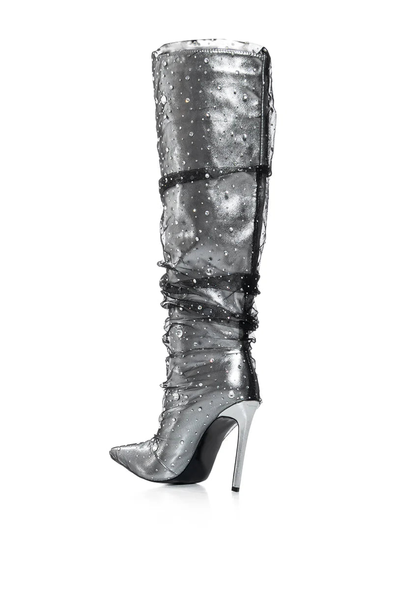 AZALEA WANG Silver Metallic Gemstone Embellished Stiletto High Heel Boots