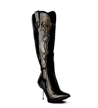Azalea Wang Black Patent Leather Knee High Western Cowboy Boots