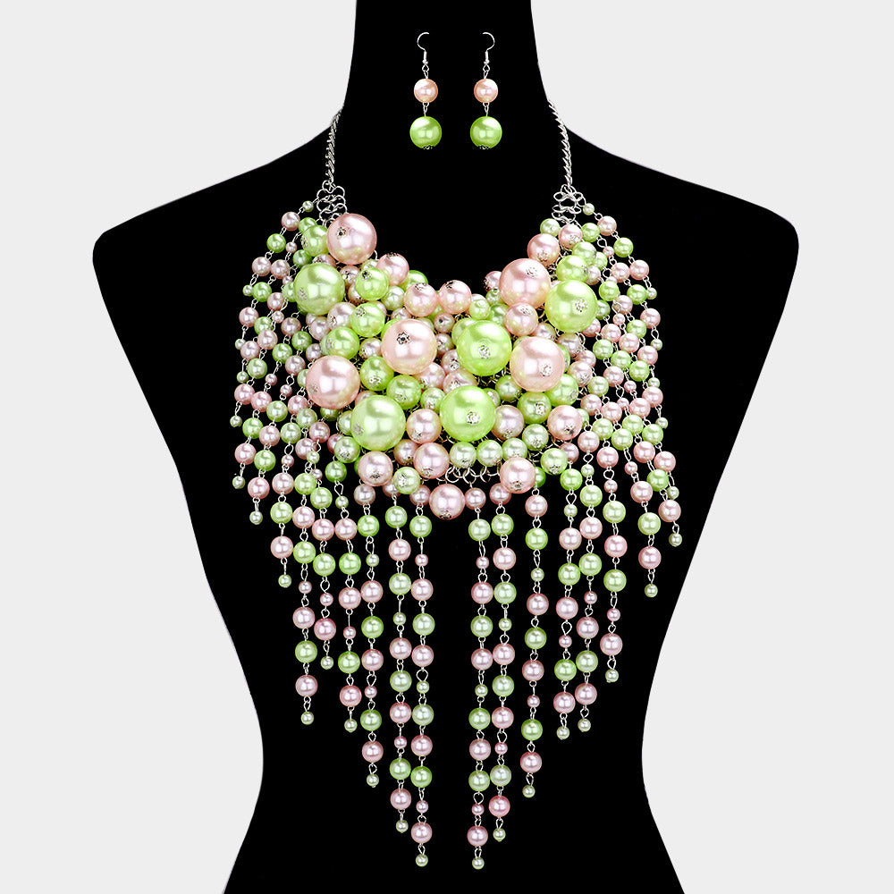 5 Multi Pearl Fringe Statement Necklace