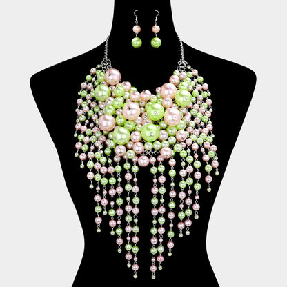 5 Multi Pearl Fringe Statement Necklace