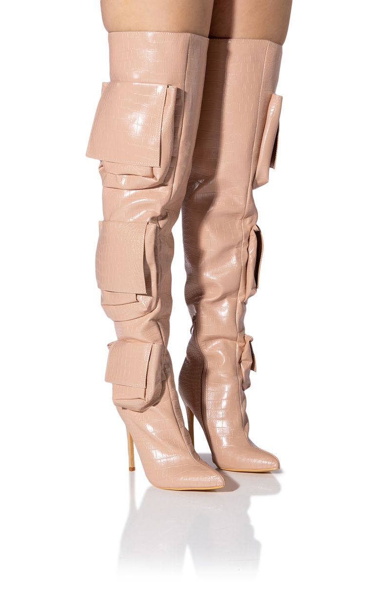 CiCi Nude Crocodile Leather Over The Knee Cargo Boot