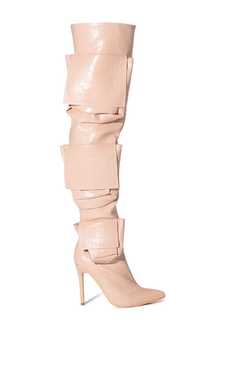 CiCi Nude Crocodile Leather Over The Knee Cargo Boot