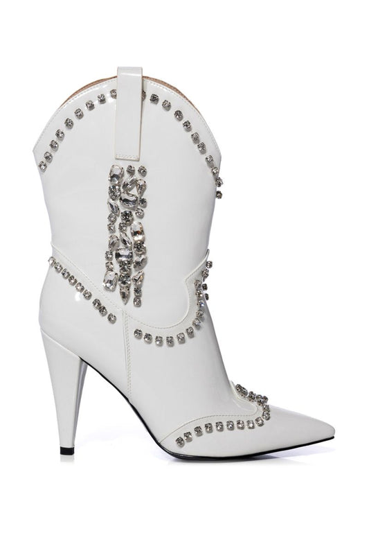 Azalea Wang 1 Embellished White & Metallic Silver Western Cowboy Boot