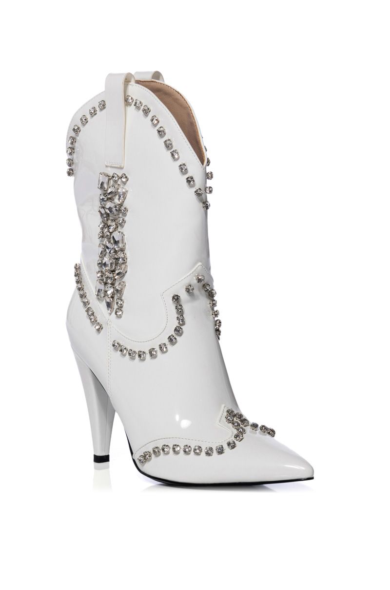 Azalea Wang 1 Embellished White & Metallic Silver Western Cowboy Boot