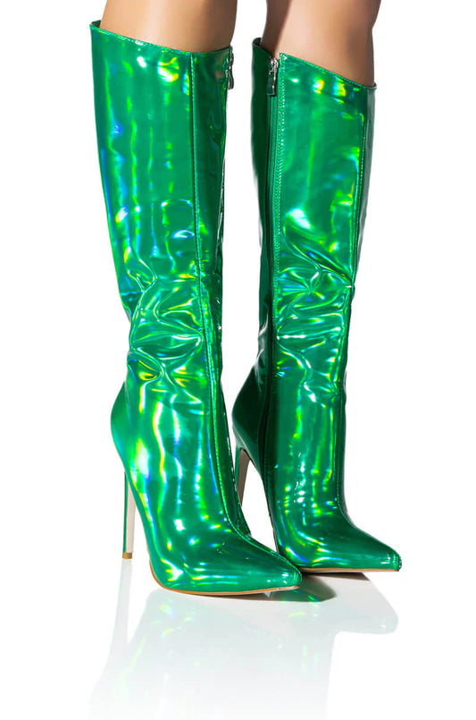 Azalea Wang Green Holographic Knee High Stiletto Boot