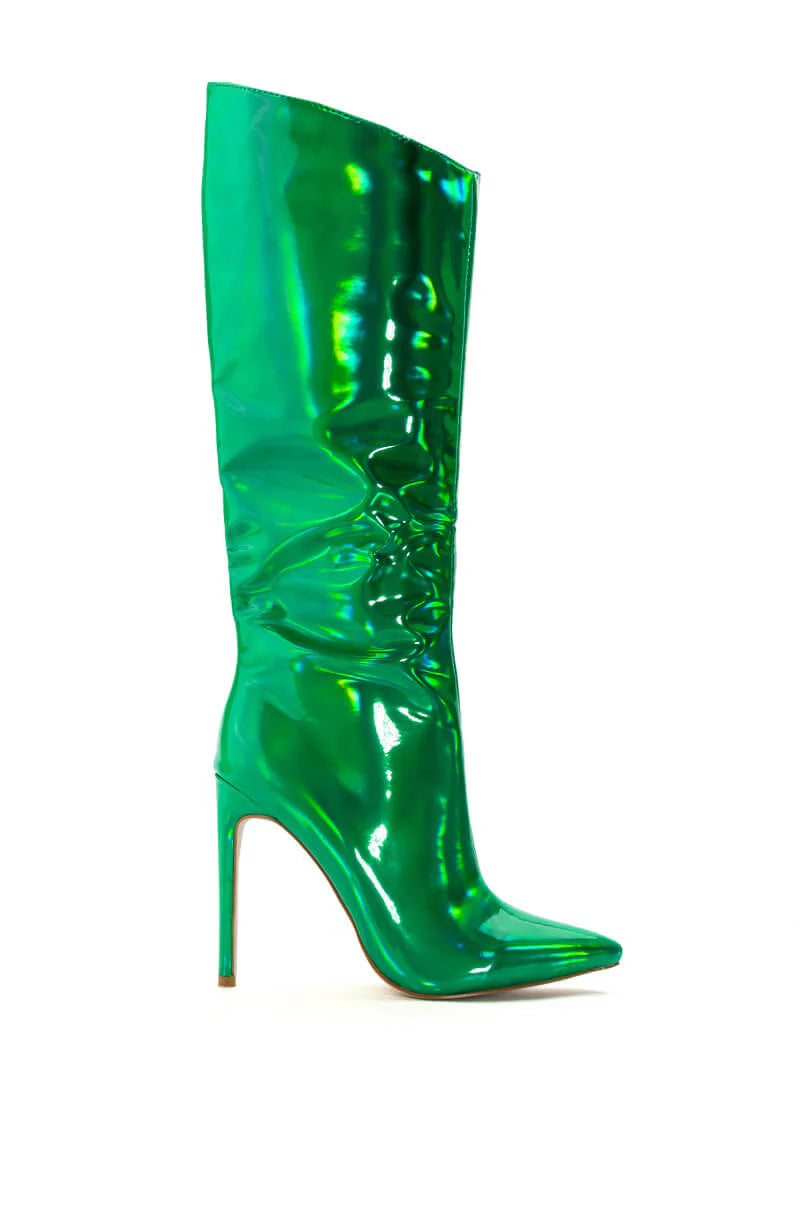 Azalea Wang Green Holographic Knee High Stiletto Boot