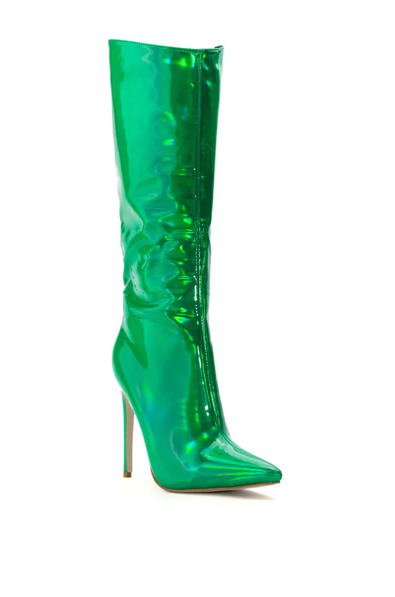 Azalea Wang Green Holographic Knee High Stiletto Boot