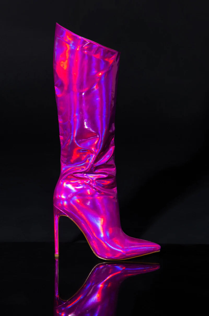 Azalea Wang Pink Holographic Knee High Stiletto Boot