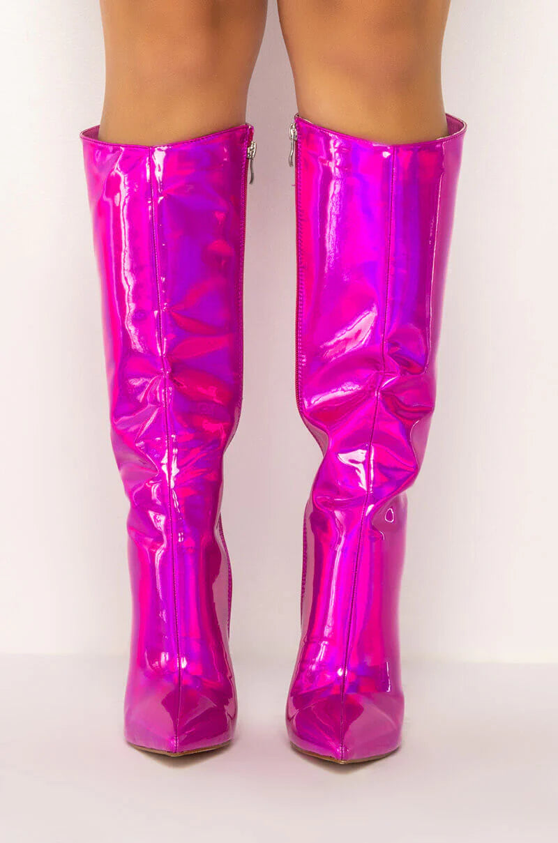 Azalea Wang Pink Holographic Knee High Stiletto Boot