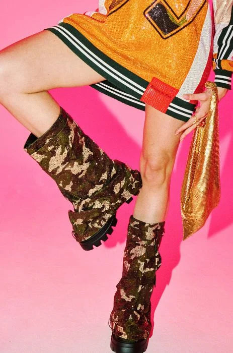 Azalea Wang Camo Rhinestone Embellished Combat Booties