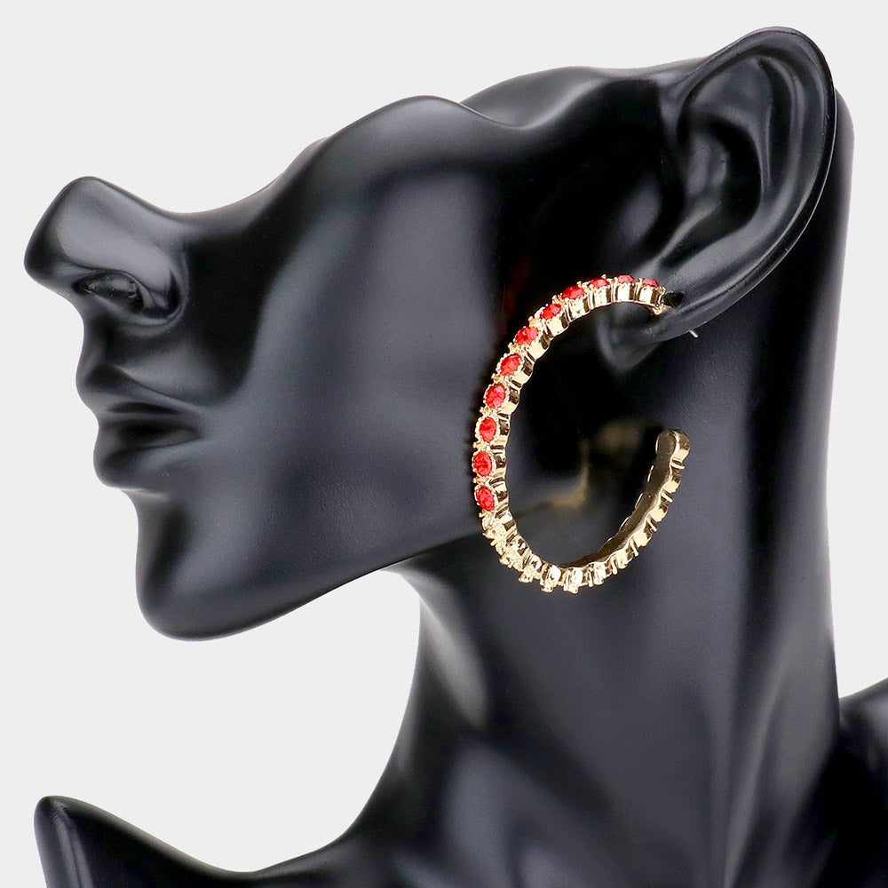 Gold & Red Rhinestone Embellished Half Hoop Earrings