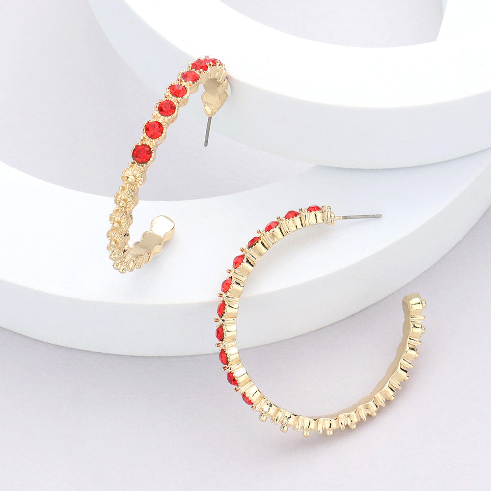 Gold & Red Rhinestone Embellished Half Hoop Earrings