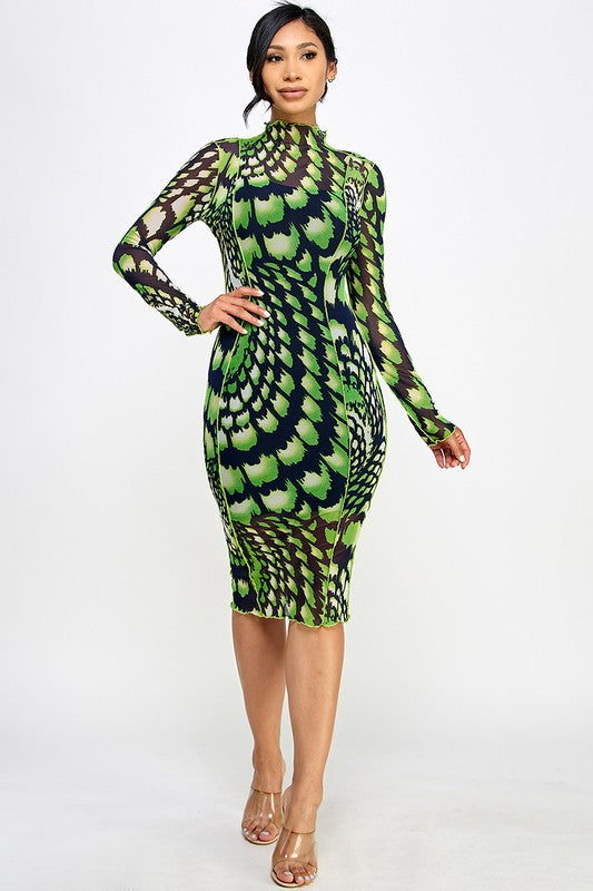 Ari Black & Green Beautiful Abstract Print Mesh Midi Dress