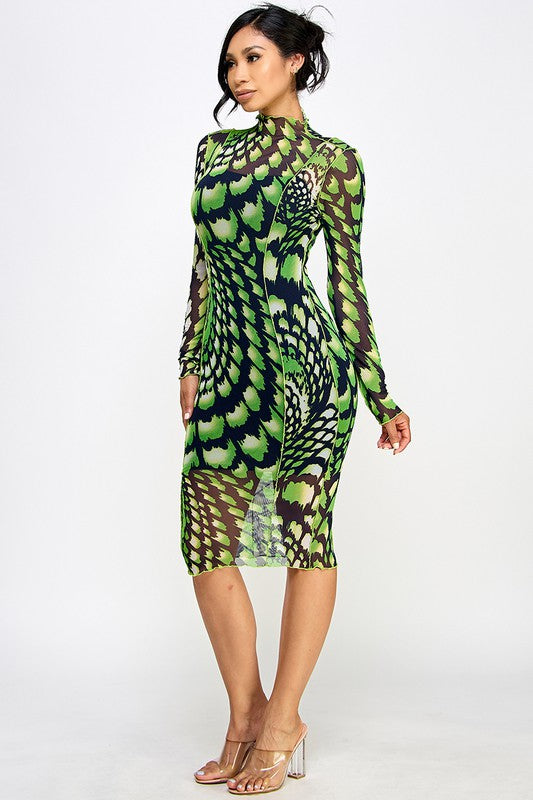 Ari Black & Green Beautiful Abstract Print Mesh Midi Dress