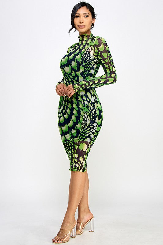 Ari Black & Green Beautiful Abstract Print Mesh Midi Dress